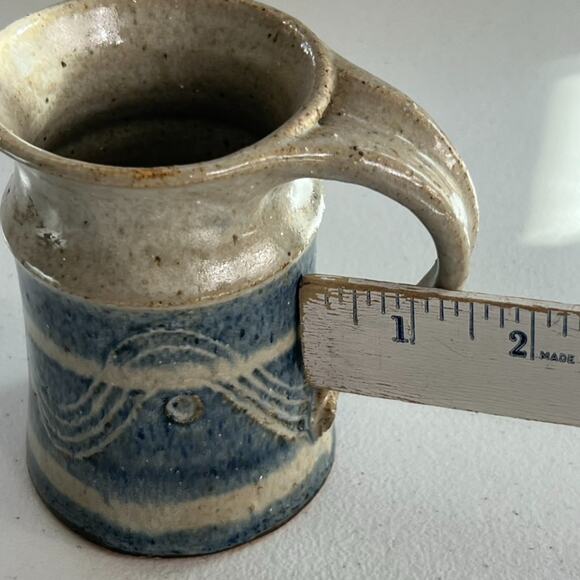 Studio Art Pottery Mug 4.5" Stoneware Blue & Tan Striped Speckled Wave - Picture 8 of 8